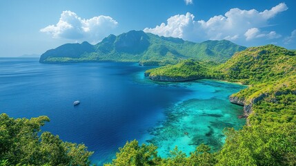 Scenic coastal view with lush mountains and clear blue waters.