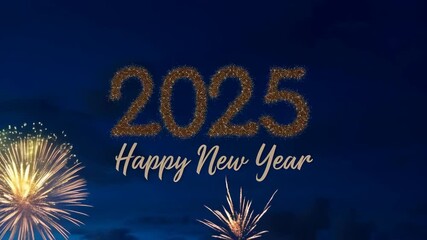 Fireworks display celebrating the New Year 2025 with festive text.