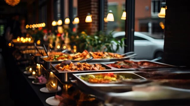 Enjoy a lavish buffet showcasing a variety of delicious dishes at a cozy restaurant in the evening