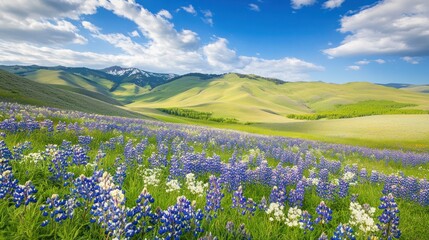 A serene spring landscape with vibrant green hills and blooming wildflowers under a blue sky