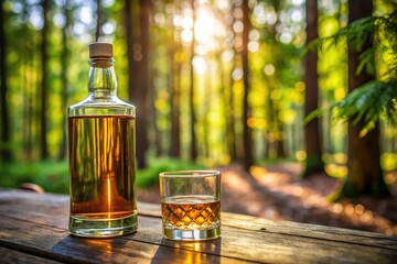 Whisky bottle and glass in forest setting with forced perspective