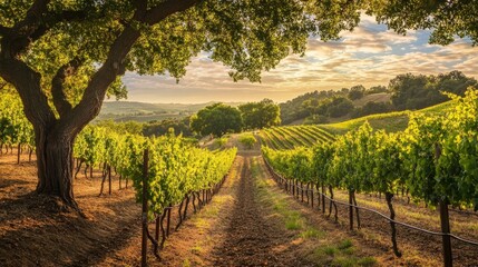 Naklejka premium A serene view of an organic vineyard, with grapevines growing naturally and no chemical treatments in use.