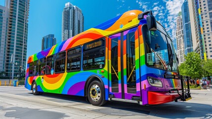 A city bus wrapped in a rainbow design for Pride Month