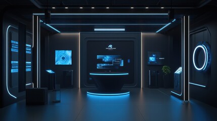 Sleek trade show booth design with LED displays, dark accents, and modular elements, perfect for a high-tech product launch event.