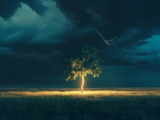 A single tree standing alone in a field, struck by lightning in a dramatic scene of nature power.