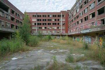 Obraz premium A sprawling abandoned hotel with broken windows, overgrown gardens, and graffiti-covered walls.
