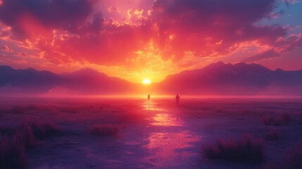 Fototapeta premium A serene sunset over mountains with silhouetted figures walking.