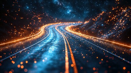A Winding Road Through a Starry Night with Glowing Trails