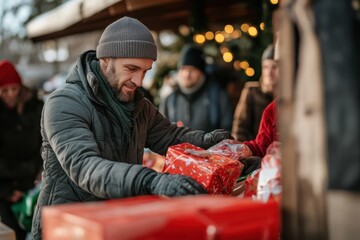 Christmas charity events with volunteers distributing gifts and food to those in need