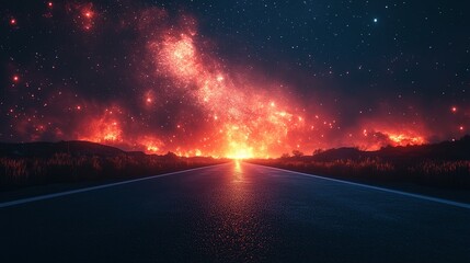 Fototapeta premium Road leading towards a fiery starry night sky