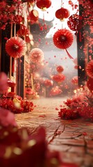 Traditional Chinese fireworks and interior scene illustration poster background