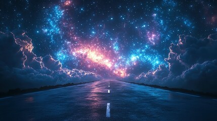A Road Leading Towards a Starry Night Sky