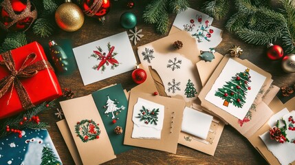 DIY Christmas cards with personalized designs and handmade touches, spread out on a table