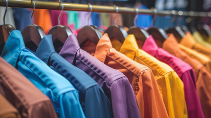 An array of colorful solid colored collared shirts hanging on wooden hangers dry cleaning organized OCD closet