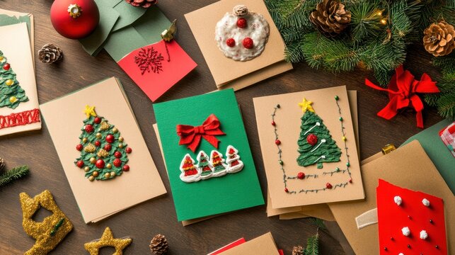 DIY Christmas cards with personalized designs and handmade touches, spread out on a table