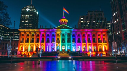 A city hall illuminated with rainbow lights for Pride Month