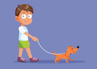 Boy Walking His Dog on Leash Vector Illustration. Happy kid going on a pet walk with his puppy
