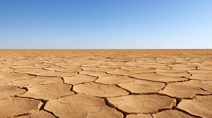A dry and cracked earth landscape under a clear blue sky, highlighting the effects of drought and climate change on the environment.