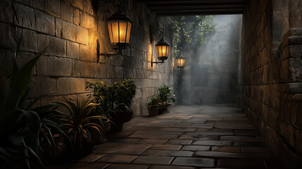 Fototapeta premium Stone alleyway with lit lanterns and plants..