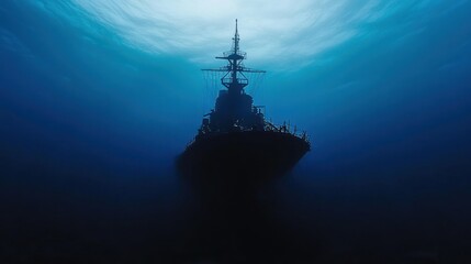 Obraz premium Underwater battleship, with its silhouette visible just beneath the ocean's surface.