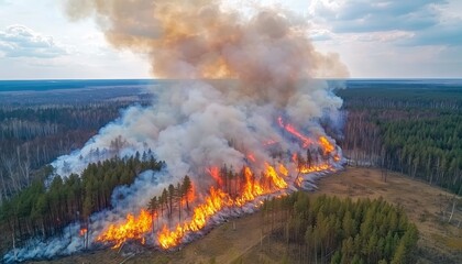 Aerial view of a wildfire raging through a forest.