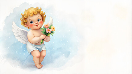 Cherub holding flowers with blue background