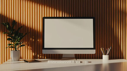 blank computer screen mockup on white desk with plant, stationery, and warm wooden wall. This serene workspace invites creativity and productivity