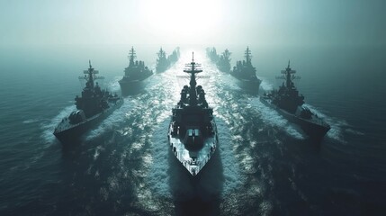 Warship fleet moving in formation, prepared for a massive naval engagement.