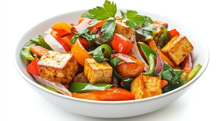 A vibrant vegetable stir-fry with tofu, featuring crunchy bell peppers and onions, coated in a light sauce, isolated on a white background