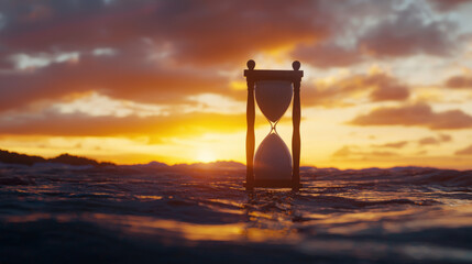 hourglass with sand flowing down, set against beautiful sunset over ocean, symbolizes passage of time and nature beauty
