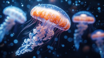 Obraz premium Ethereal jellyfish floating in a vibrant underwater scene.