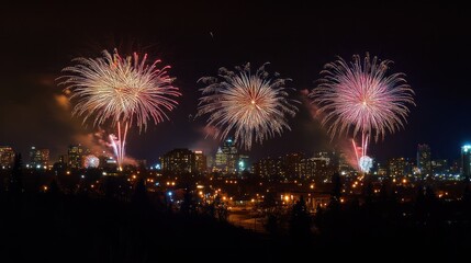 New Year fireworks lighting up the night sky over a city skyline, colorful and vibrant