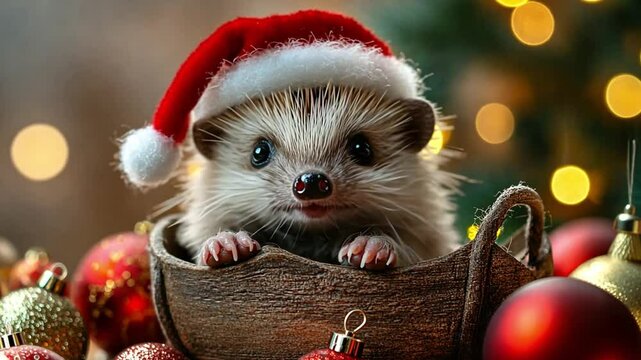 A cute hedgehog wearing a Santa hat among festive decorations during Christmas time