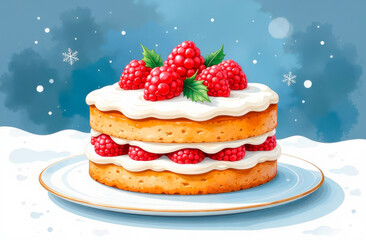 Cake with raspberries on a white plate on a festive background. Illustration