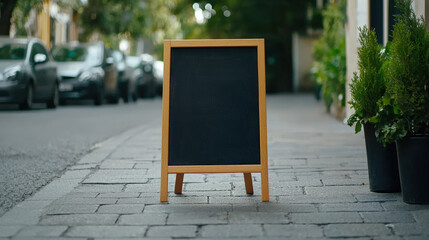 black frame chalkboard sign stands on sidewalk in city center, surrounded by greenery and parked cars, inviting attention and creativity