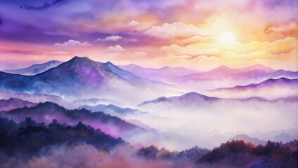 Fototapeta premium Misty mountain range at sunset with purple and pink sky