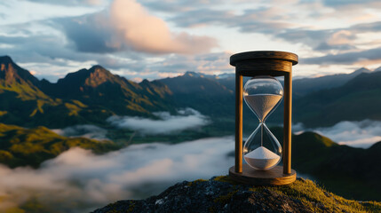 stunning hourglass sits on rocky ledge, surrounded by majestic mountains and clouds. scene captures essence of time and nature beauty
