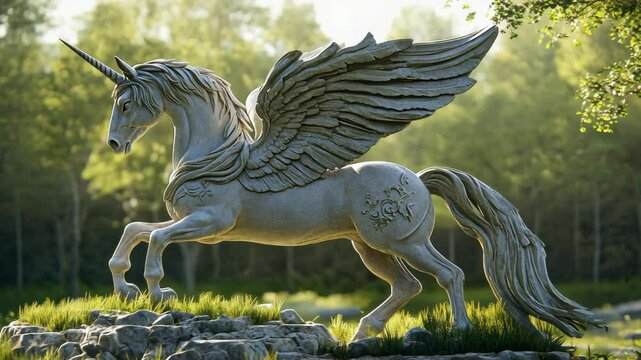A stone statue of a winged unicorn stands on a rocky outcropping in a forest