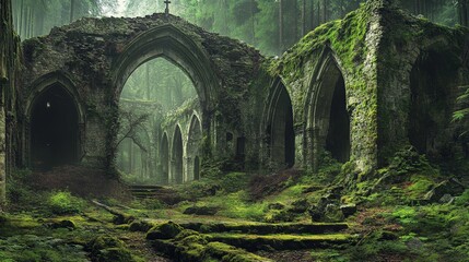An abandoned monastery in a remote forest, with moss-covered stone walls and crumbling arches.