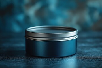 A closed tin container on a textured surface with a blue background and soft lighting