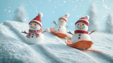 Fototapeta premium Children joyfully racing downhill with cheerful snowmen in a winter wonderland