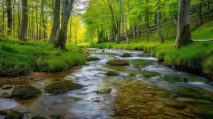 Obraz premium A clear stream flowing through a lush, green forest in spring