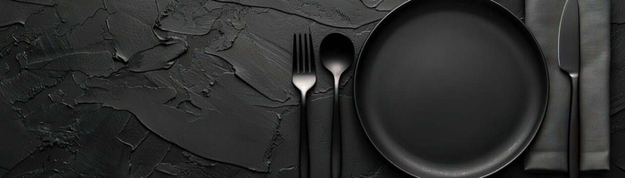 A monochromatic theme with a black matte plate, knife, and fork on a dark grey napkin, set against a matte black background, broad space on the left for minimalist text.