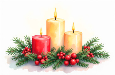 Burning candles, fir branches and berries on a white background. Illustration, postcard