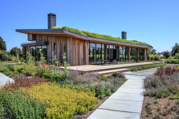 An eco-friendly community center with a green roof, rainwater collection systems, and walls made from reclaimed wood.