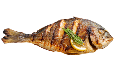 Grilled fish with lemon and herbs, white isolate background transparent background