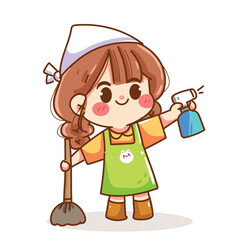 Girl holding cleaning equipment housekeeping, hand drawn cartoon, vector illustration