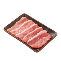 Fresh pork slices on a black plate transparent background