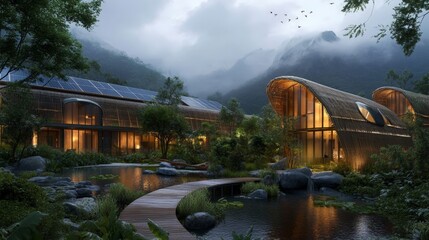 An eco-friendly hotel designed with natural materials, featuring energy-efficient lighting and solar water heaters.