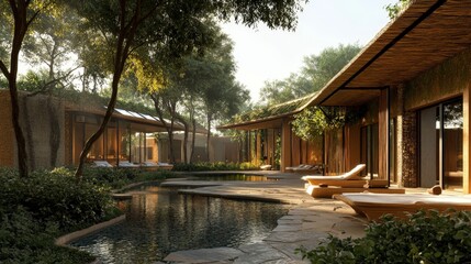 Obraz premium An eco-friendly hotel designed with natural materials, featuring energy-efficient lighting and solar water heaters.